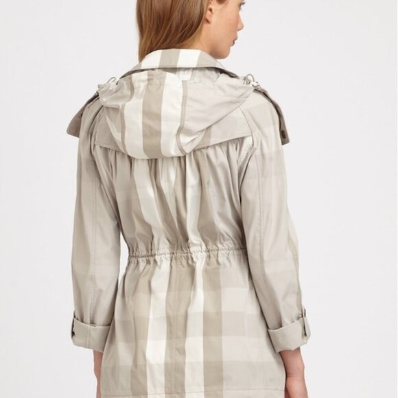 BURBERRY BRIT Checked Twill Jacket Hooded Drawstring Neutral Beige Women's 10 - Picture 2 of 13